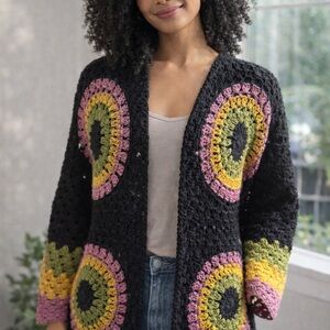 Black Crochet Circle Detail Women's Sweater Cardigan - Pink, Yellow, Green